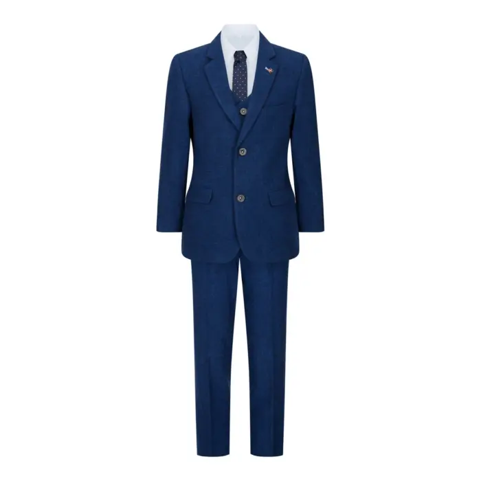 Boys 3 Piece Wool Suit Blue Tweed Vintage 1920s Classic 4 Pocket Waistcoat - Image 2