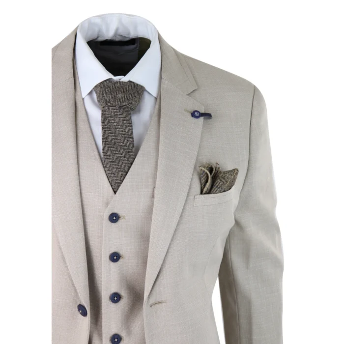 Mens 3 Piece Suit Linen Beige Cream 2 Button Tailored Fit Classic Retro - Image 4