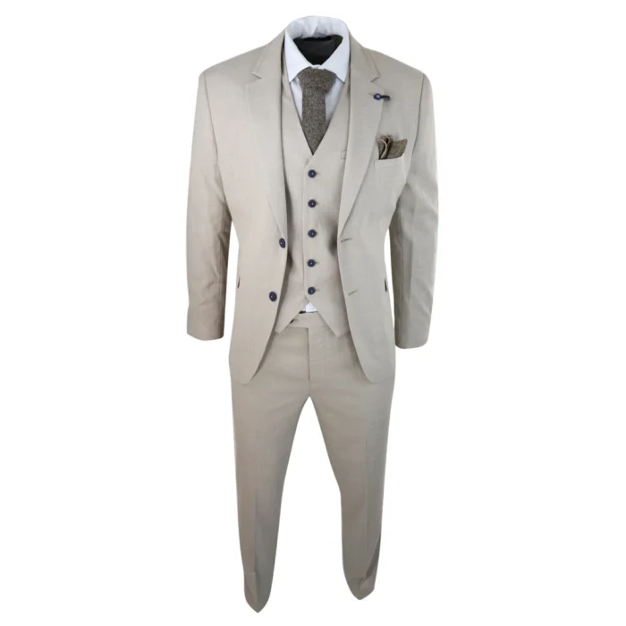 Mens 3 Piece Suit Linen Beige Cream 2 Button Tailored Fit Classic Retro - Image 2