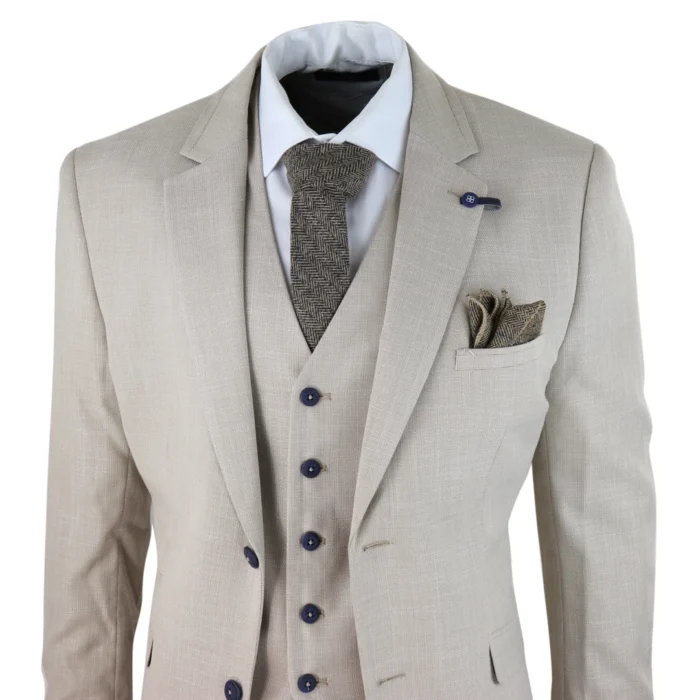 Mens 3 Piece Suit Linen Beige Cream 2 Button Tailored Fit Classic Retro - Image 3