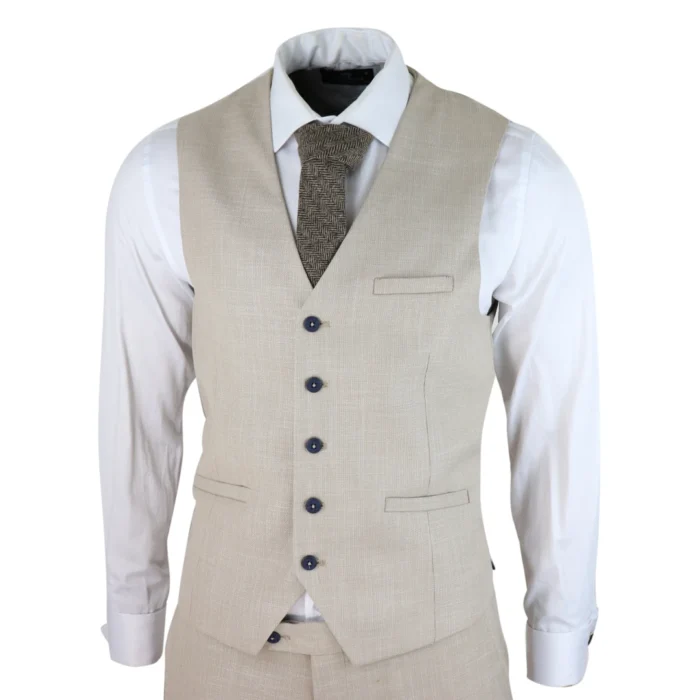 Mens 3 Piece Suit Linen Beige Cream 2 Button Tailored Fit Classic Retro - Image 5