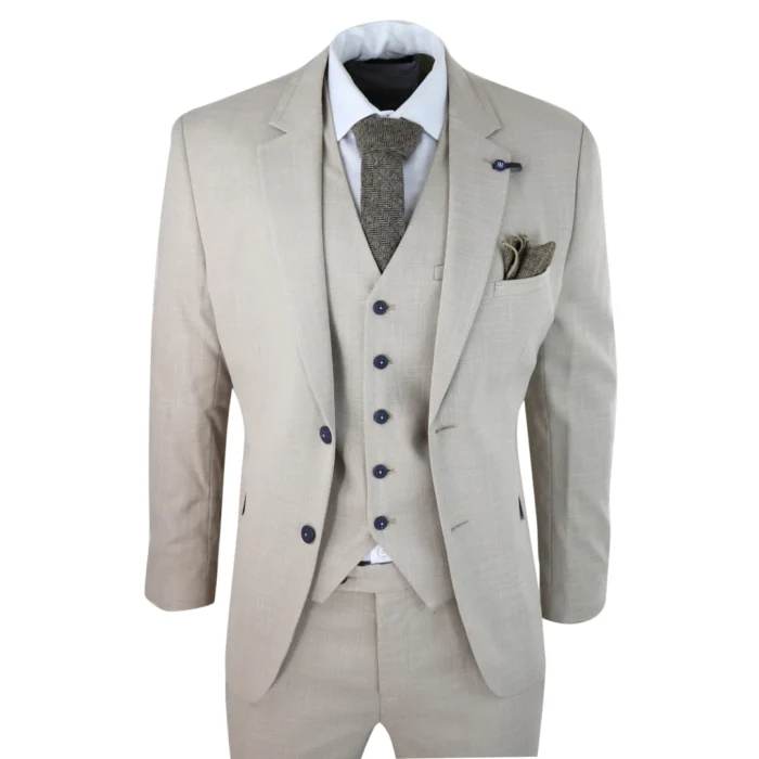 Mens 3 Piece Suit Linen Beige Cream 2 Button Tailored Fit Classic Retro - Image 1