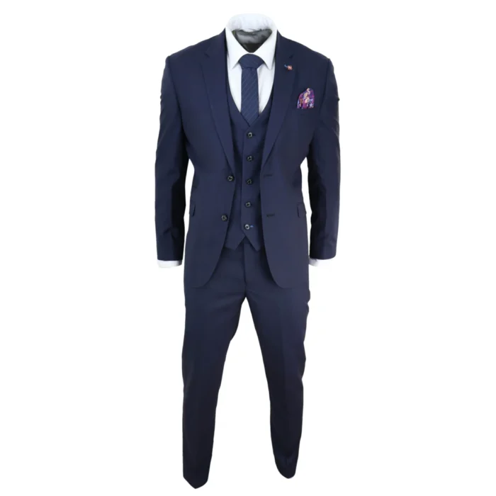 Mens 3 Piece Suit Navy Tailored Fit Classic Retro Vintage Wedding Prom Office - Image 2