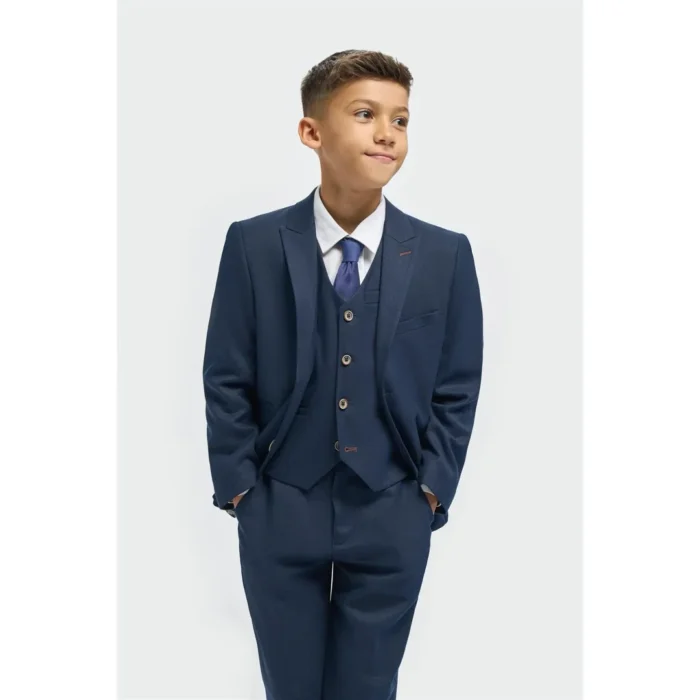 Boys Suit 3 Piece Navy Tailored Fit Wedding Formal Outfit - Image 1