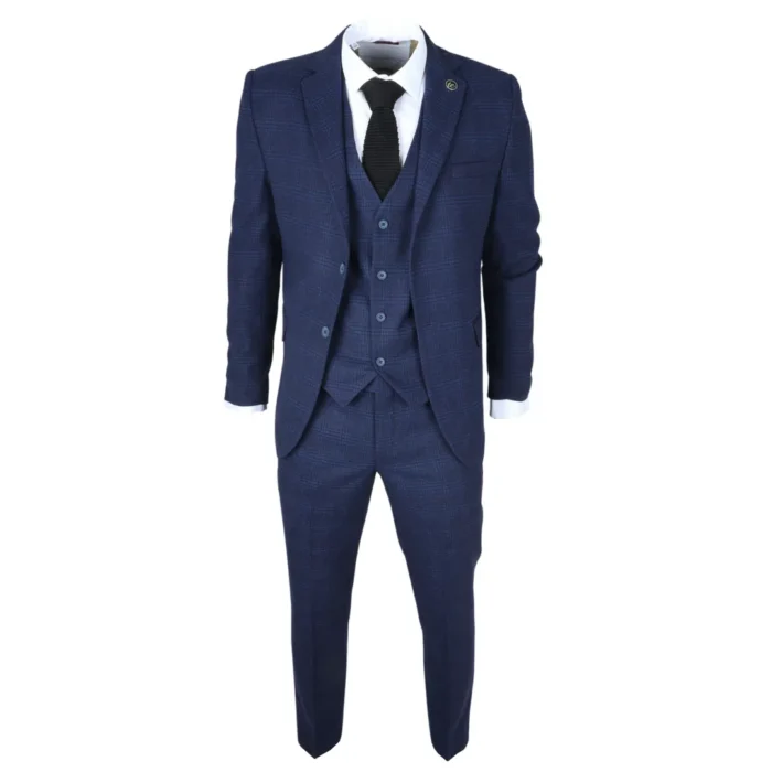 Men's Suit 3 Piece Navy Blue Checkered Tailored Fit Classic Formal Dress - Image 2