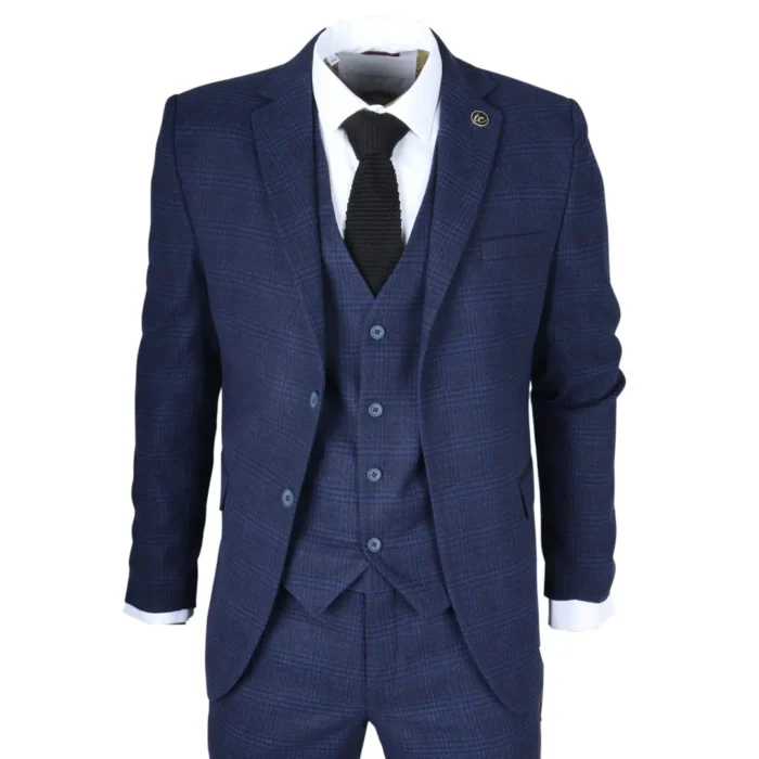 Men's Suit 3 Piece Navy Blue Checkered Tailored Fit Classic Formal Dress - Image 1