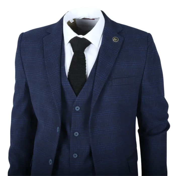 Men's Suit 3 Piece Navy Blue Checkered Tailored Fit Classic Formal Dress - Image 3