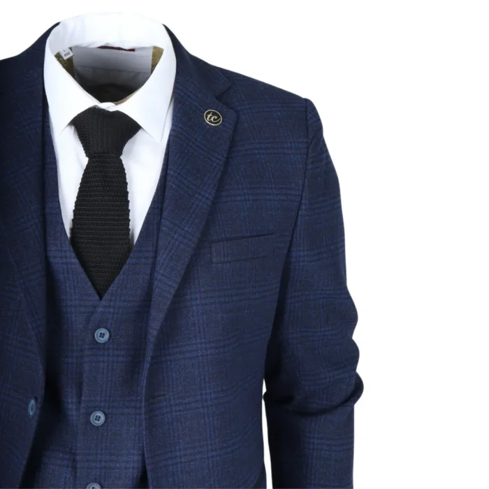 Men's Suit 3 Piece Navy Blue Checkered Tailored Fit Classic Formal Dress - Image 4