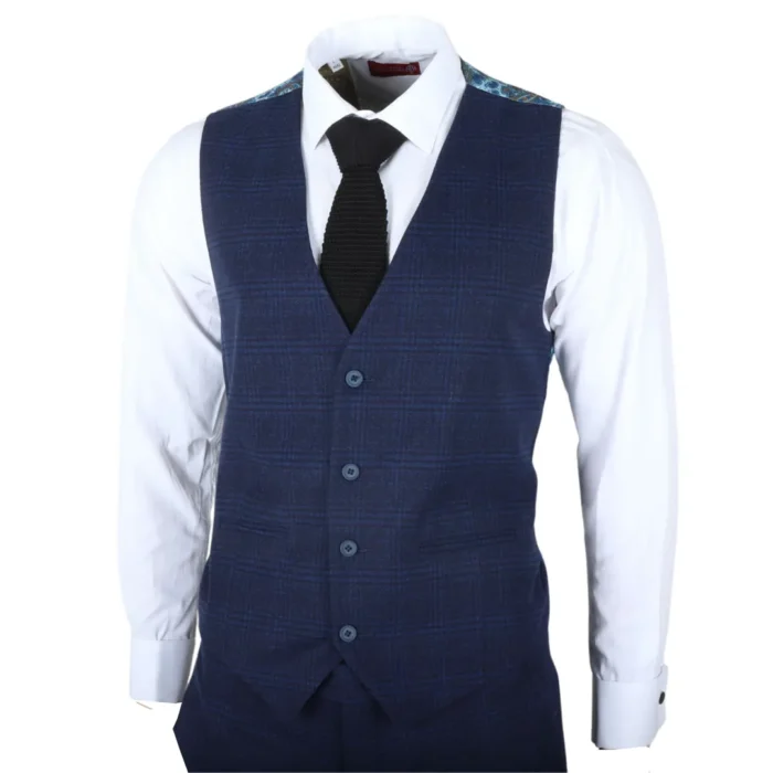 Men's Suit 3 Piece Navy Blue Checkered Tailored Fit Classic Formal Dress - Image 5