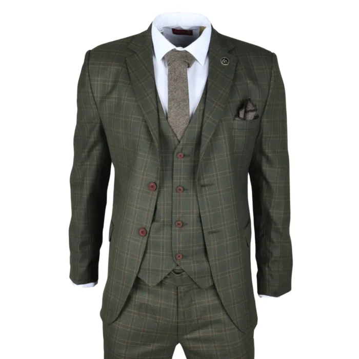 Men's Suit 3 Piece Green Checkered Tailored Fit Classic Formal Dress - Image 1