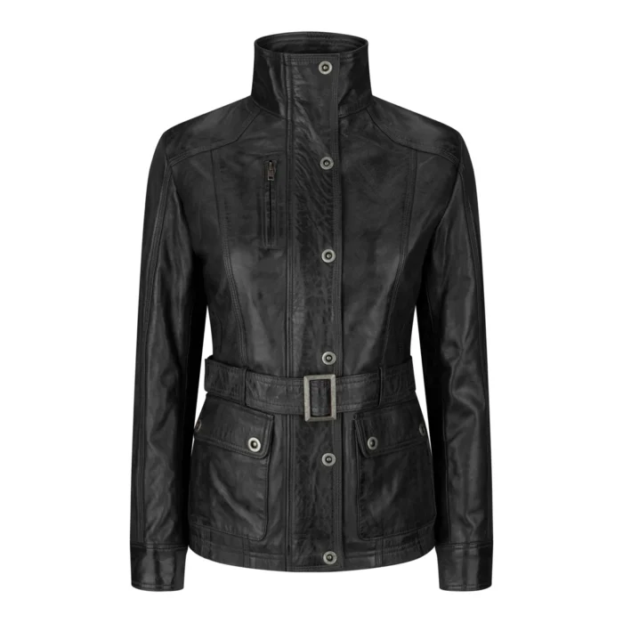 Ladies Women Real Leather Military Chinese Collar Slim Fit Black Jacket - Image 1
