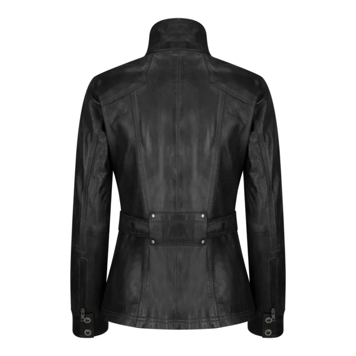 Ladies Women Real Leather Military Chinese Collar Slim Fit Black Jacket - Image 3