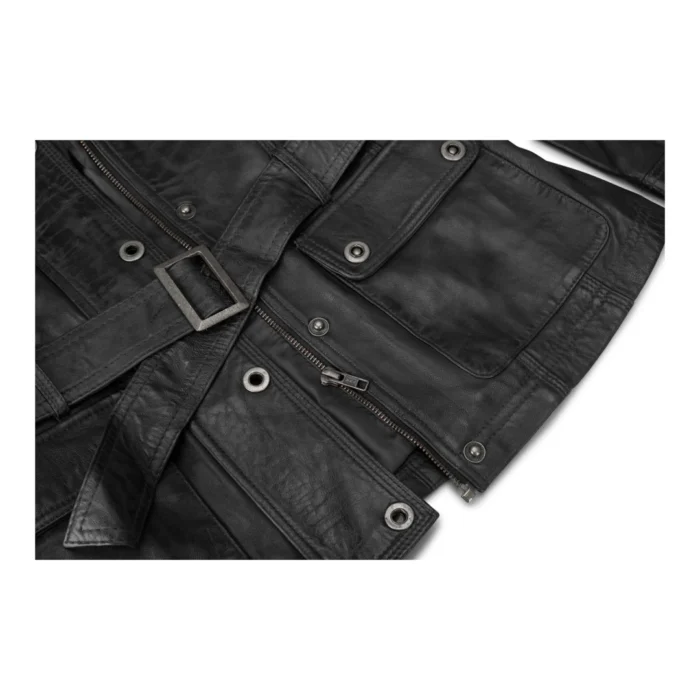 Ladies Women Real Leather Military Chinese Collar Slim Fit Black Jacket - Image 4