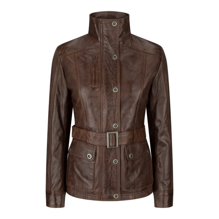 Ladies Women Real Leather Military Chinese Collar Slim Fit Black Jacket - Image 5