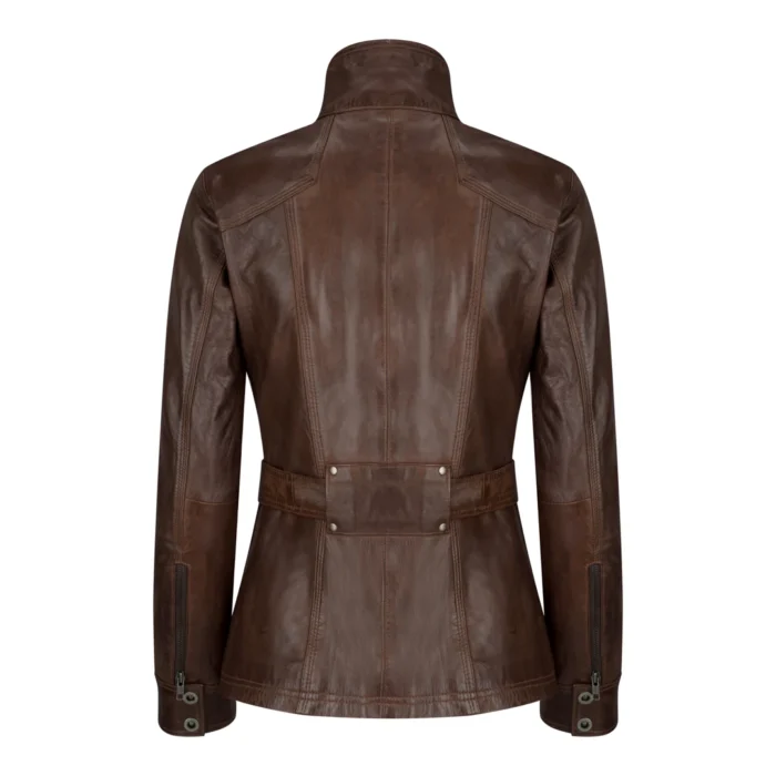 Ladies Women Real Leather Military Chinese Collar Slim Fit Black Jacket - Image 7