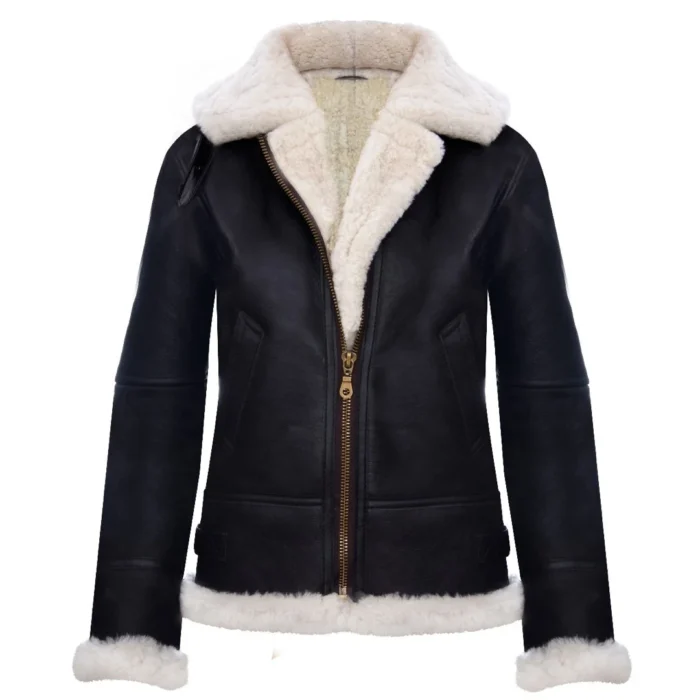 Ladies Aviator White Brown Hooded Real Shearling Sheepskin Leather Jacket - Image 1