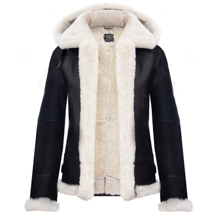 Ladies Aviator White Brown Hooded Real Shearling Sheepskin Leather Jacket - Image 2