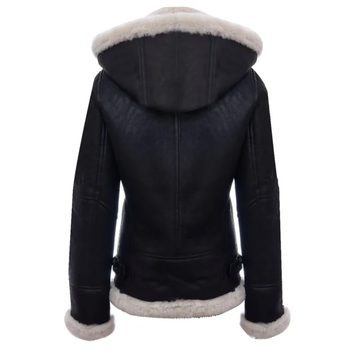 Ladies Aviator White Brown Hooded Real Shearling Sheepskin Leather Jacket - Image 5