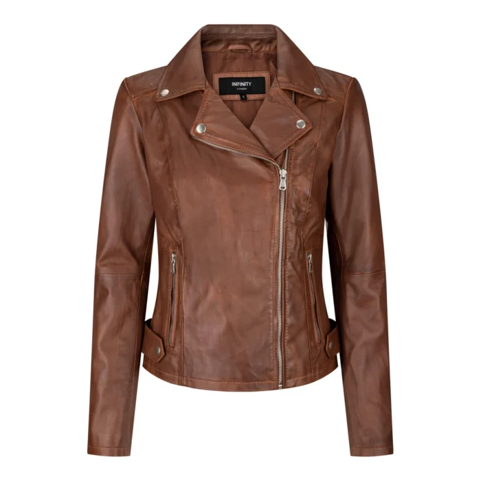 Brando Ladies Women Timber Brown Classic Biker Style Leather Jacket - Image 1