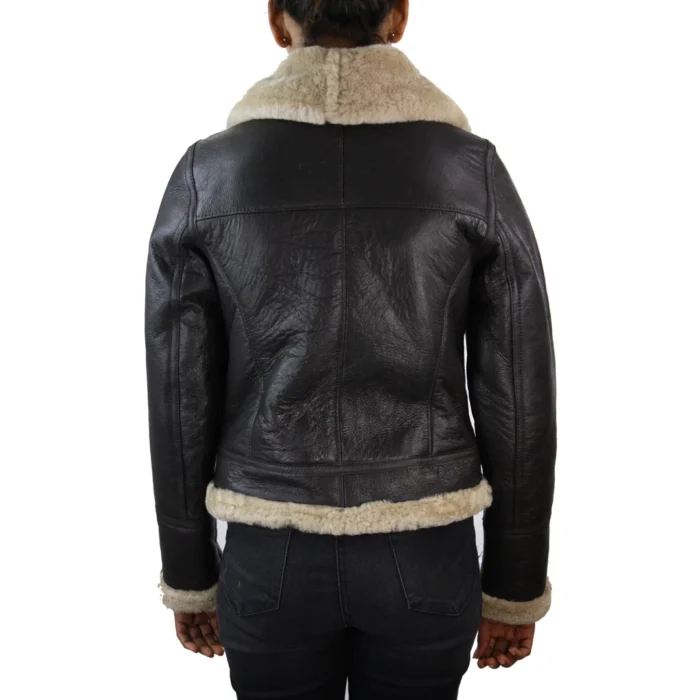 Ladies Real SHEEPSKIN Leather Coat Brown Beige FUR Womens Flying Jacket - Image 3