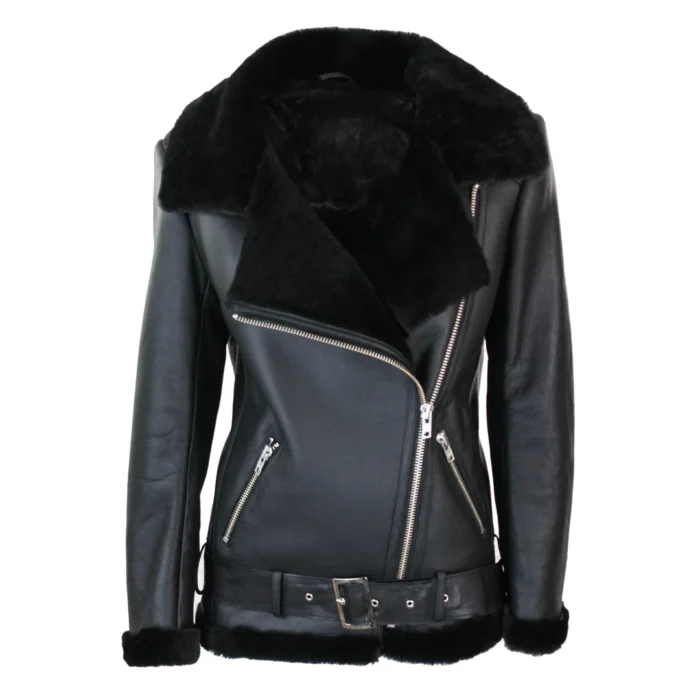 Womens Shearling Sheepskin Flying Jacket Soft Brown Wool & Sealed Leather Outer - Image 1