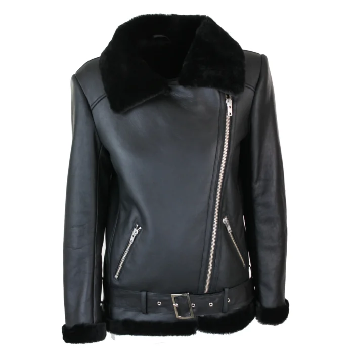 Womens Shearling Sheepskin Flying Jacket Soft Brown Wool & Sealed Leather Outer - Image 2