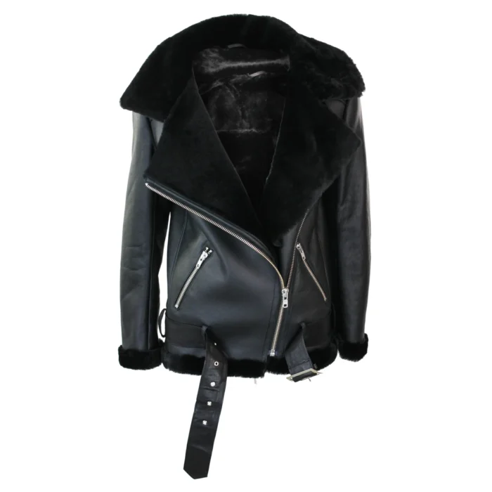 Womens Shearling Sheepskin Flying Jacket Soft Brown Wool & Sealed Leather Outer - Image 4