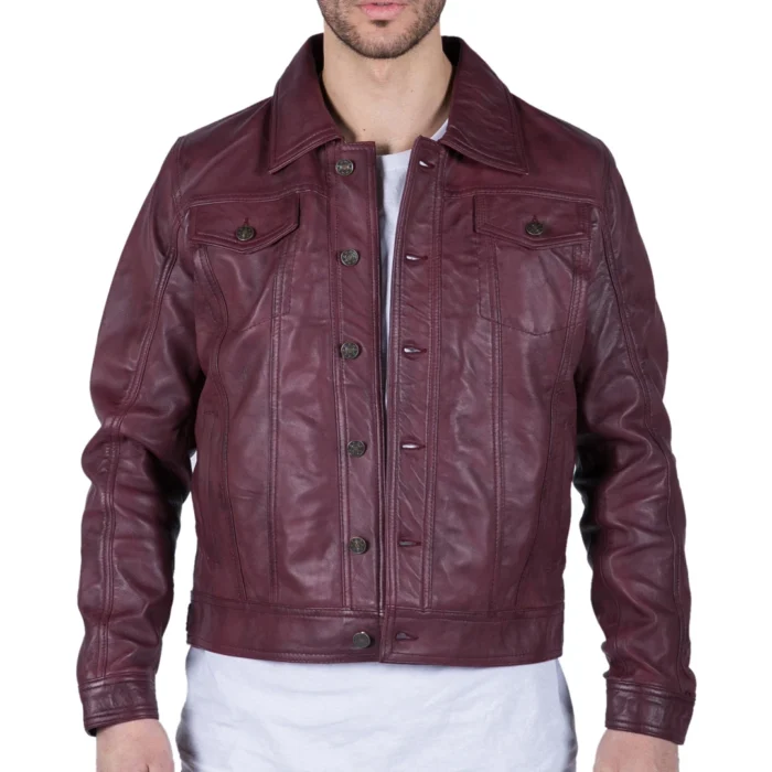 Mens Real Leather Shirt Jacket Burgundy Wine Retro Jeans Style Brando Classic - Image 1