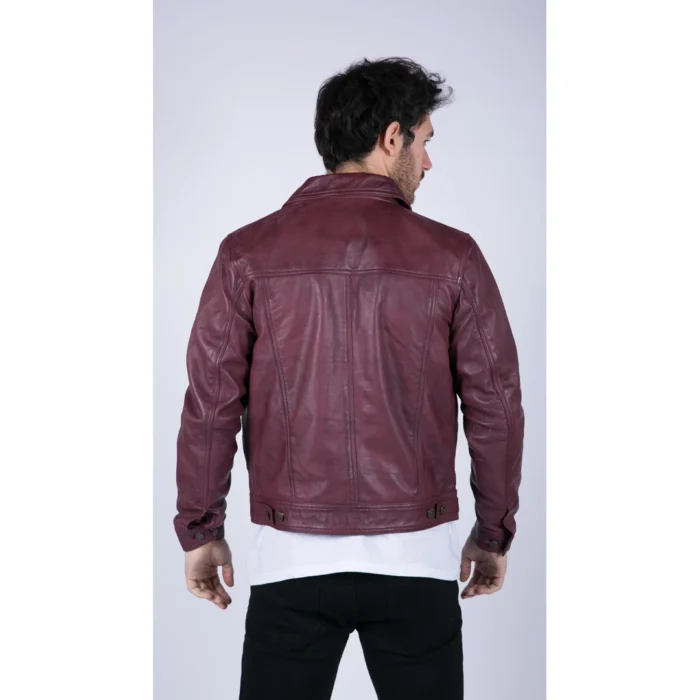 Mens Real Leather Shirt Jacket Burgundy Wine Retro Jeans Style Brando Classic - Image 2