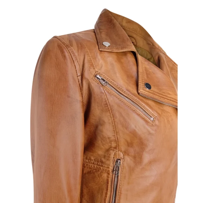 Infinity Ladies Retro BRANDO Tan Biker Retro Casual Soft Nappa Leather Jacket - Image 5