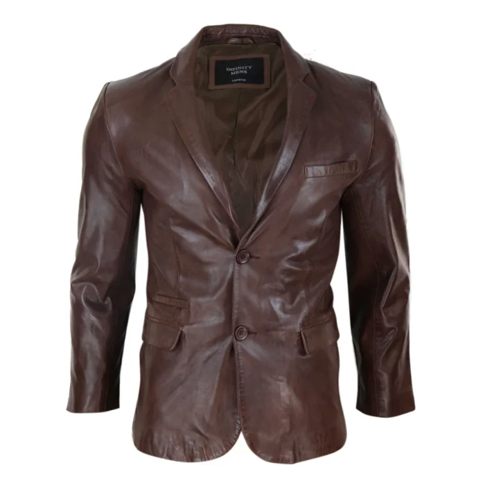 Mens Slim Fit Classic Genuine Leather 2 Button Blazer Jacket Vintage - Image 6