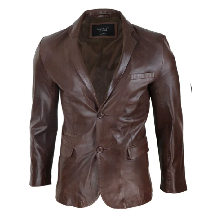 Mens Slim Fit Classic Genuine Leather 2 Button Blazer Jacket Vintage - Image 10