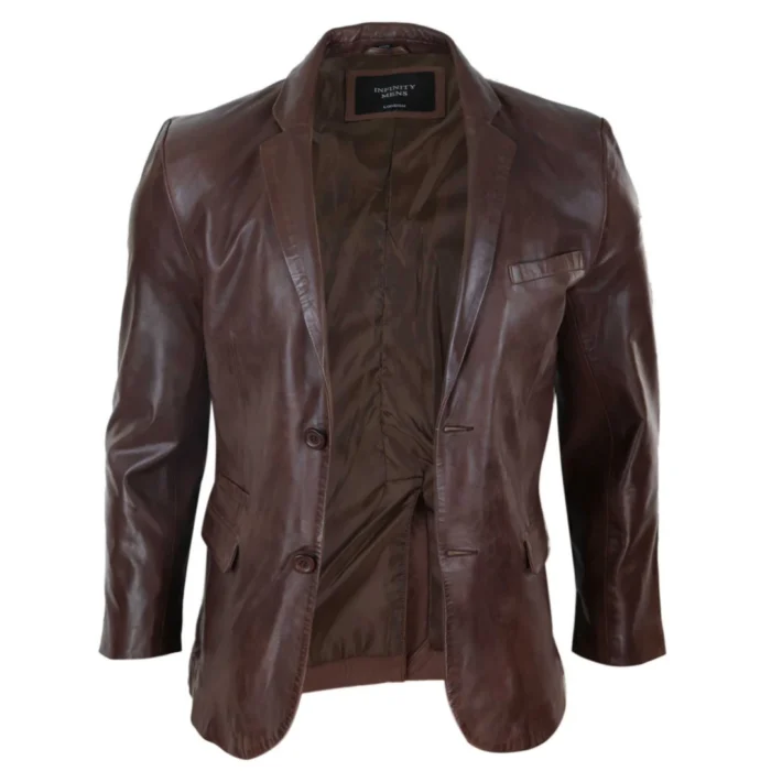 Mens Slim Fit Classic Genuine Leather 2 Button Blazer Jacket Vintage - Image 8