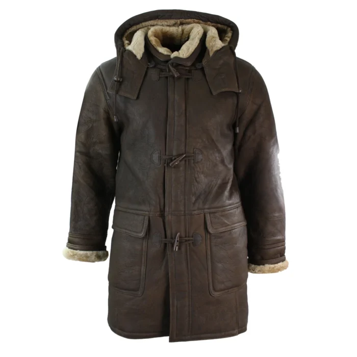 Mens Winter Real Sheepskin Leather Duffle Safari Jacket Tan ginger & Ginger Hood - Image 1
