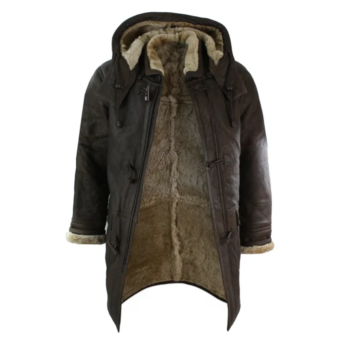 Mens Winter Real Sheepskin Leather Duffle Safari Jacket Tan ginger & Ginger Hood - Image 5