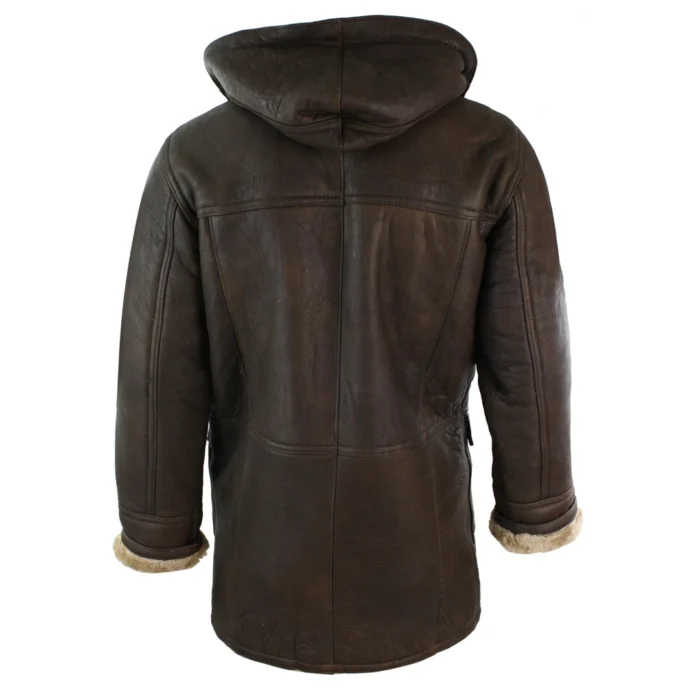 Mens Winter Real Sheepskin Leather Duffle Safari Jacket Tan ginger & Ginger Hood - Image 3