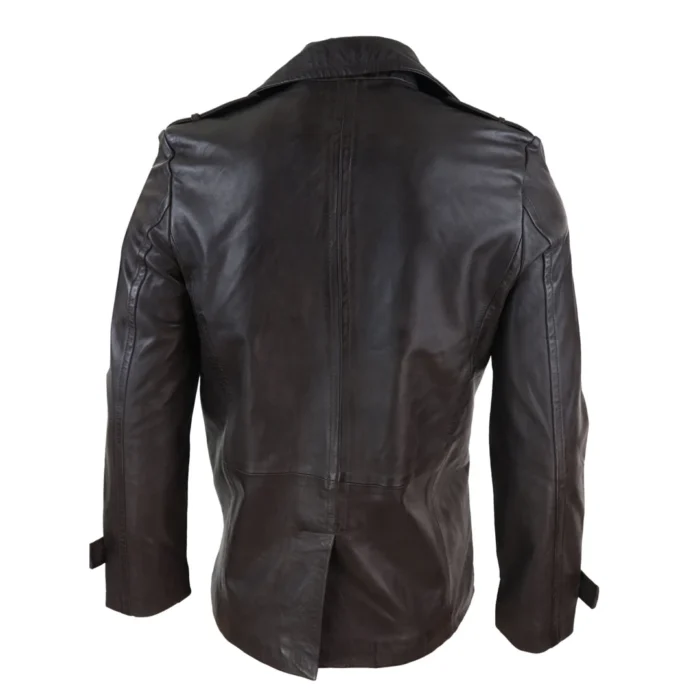 Mens Real Leather 3/4 Double Breasted Pea Coat Sherlock Brown Sailor Classic - Image 7