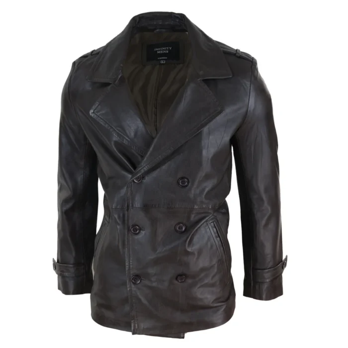 Mens Real Leather 3/4 Double Breasted Pea Coat Sherlock Brown Sailor Classic - Image 10