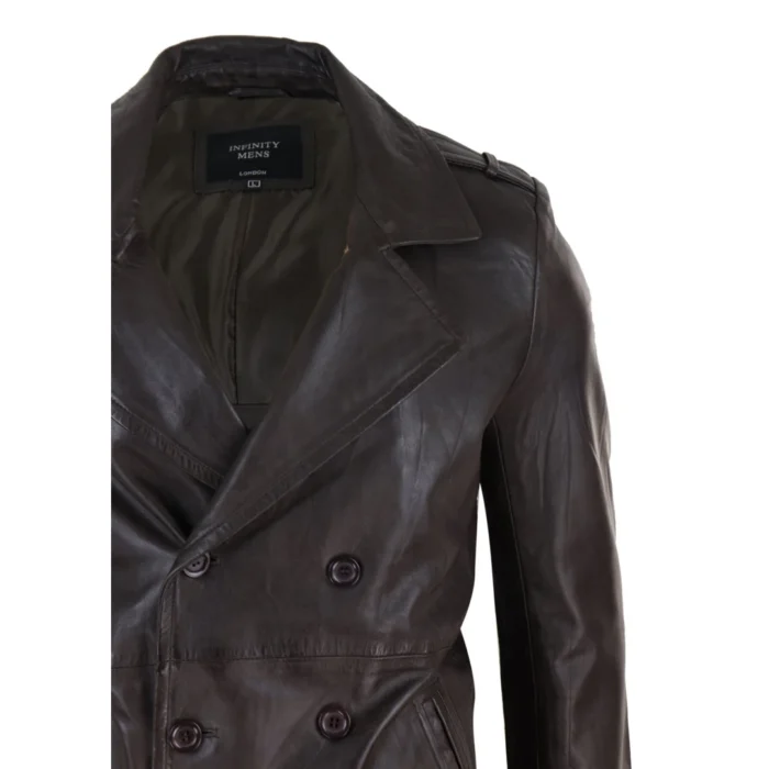 Mens Real Leather 3/4 Double Breasted Pea Coat Sherlock Brown Sailor Classic - Image 9