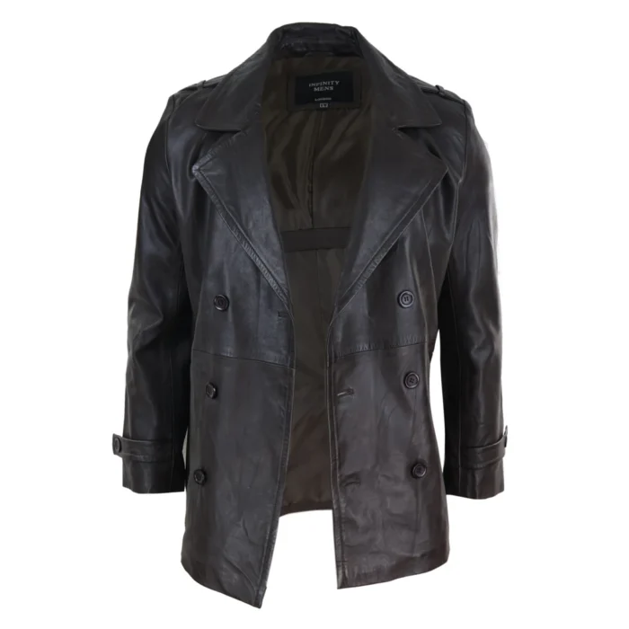 Mens Real Leather 3/4 Double Breasted Pea Coat Sherlock Brown Sailor Classic - Image 8