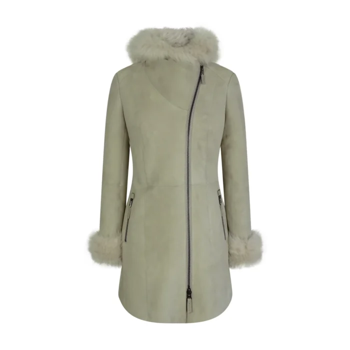Womens 3/4 Long Cream Toscana Real Sheepskin Suede Hood Jacket Designer - Image 1
