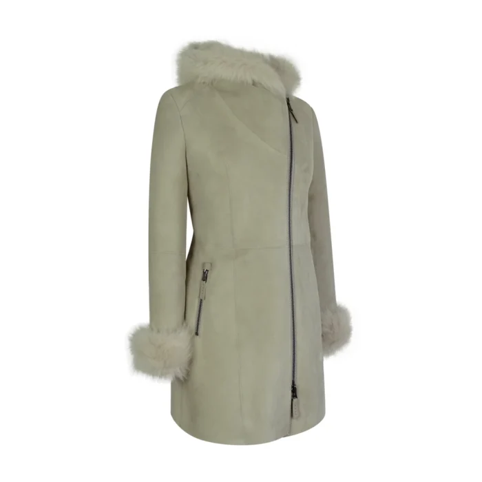 Womens 3/4 Long Cream Toscana Real Sheepskin Suede Hood Jacket Designer - Image 2