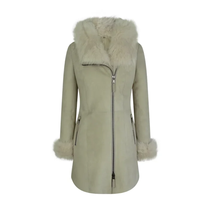 Womens 3/4 Long Cream Toscana Real Sheepskin Suede Hood Jacket Designer - Image 7