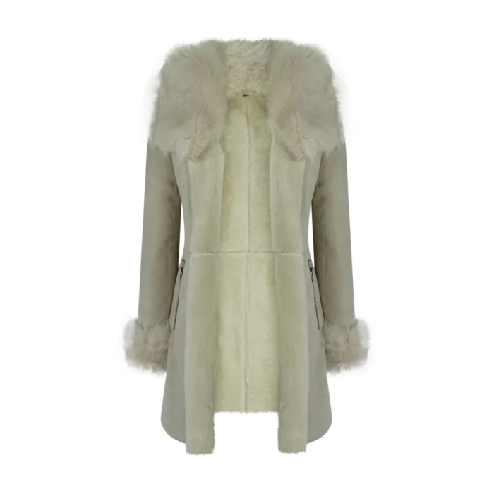 Womens 3/4 Long Cream Toscana Real Sheepskin Suede Hood Jacket Designer - Image 4
