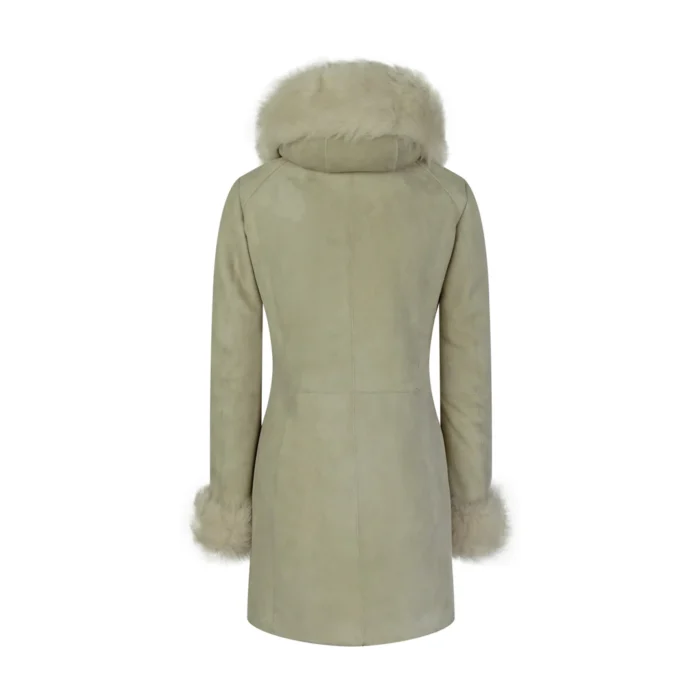 Womens 3/4 Long Cream Toscana Real Sheepskin Suede Hood Jacket Designer - Image 3