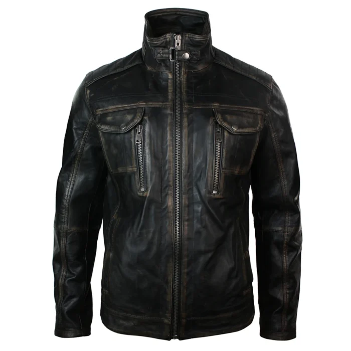 Mens Retro Vintage Distressed Jacket Real Washed Leather Brown Black Rub Off - Image 1