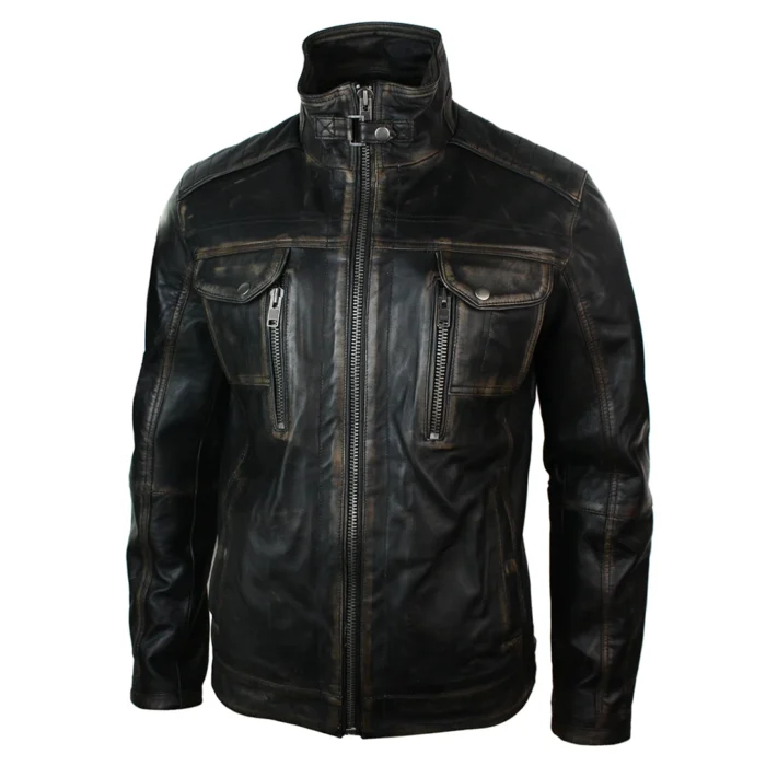 Mens Retro Vintage Distressed Jacket Real Washed Leather Brown Black Rub Off - Image 2