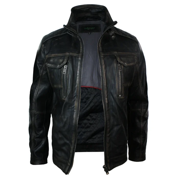 Mens Retro Vintage Distressed Jacket Real Washed Leather Brown Black Rub Off - Image 5
