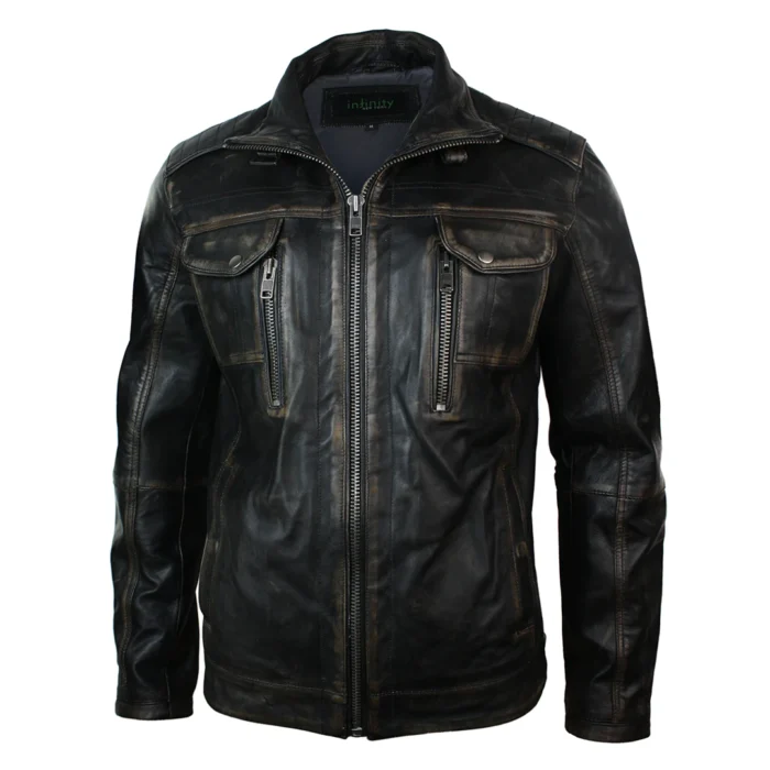 Mens Retro Vintage Distressed Jacket Real Washed Leather Brown Black Rub Off - Image 4