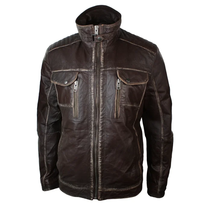 Mens Retro Vintage Distressed Jacket Real Washed Leather Brown Black Rub Off - Image 10